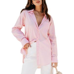 imagesiliteelon Womens Button Down Shirts Dress Shirts Long Sleeve Blouses V Neck Solid Casual Tunics Tops with PocketsBe Pink