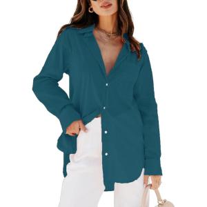 imagesiliteelon Womens Button Down Shirts Dress Shirts Long Sleeve Blouses V Neck Solid Casual Tunics Tops with PocketsBlue02