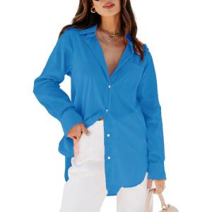 imagesiliteelon Womens Button Down Shirts Dress Shirts Long Sleeve Blouses V Neck Solid Casual Tunics Tops with PocketsBright Blue