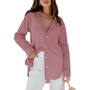 imagesiliteelon Womens Button Down Shirts Dress Shirts Long Sleeve Blouses V Neck Solid Casual Tunics Tops with PocketsCamel Pink