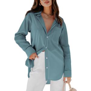 imagesiliteelon Womens Button Down Shirts Dress Shirts Long Sleeve Blouses V Neck Solid Casual Tunics Tops with PocketsDenim Blue