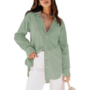 imagesiliteelon Womens Button Down Shirts Dress Shirts Long Sleeve Blouses V Neck Solid Casual Tunics Tops with PocketsGreen02