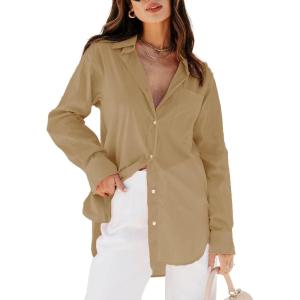 imagesiliteelon Womens Button Down Shirts Dress Shirts Long Sleeve Blouses V Neck Solid Casual Tunics Tops with PocketsKhaki