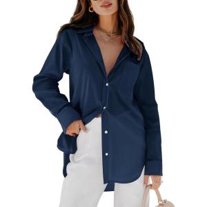 imagesiliteelon Womens Button Down Shirts Dress Shirts Long Sleeve Blouses V Neck Solid Casual Tunics Tops with PocketsNavy Blue