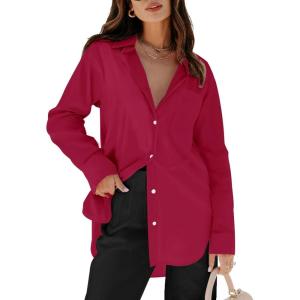 imagesiliteelon Womens Button Down Shirts Dress Shirts Long Sleeve Blouses V Neck Solid Casual Tunics Tops with PocketsRed