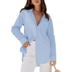 imagesiliteelon Womens Button Down Shirts Dress Shirts Long Sleeve Blouses V Neck Solid Casual Tunics Tops with PocketsSky Blue