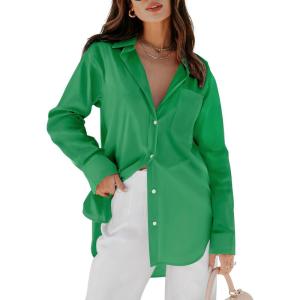 imagesiliteelon Womens Button Down Shirts Dress Shirts Long Sleeve Blouses V Neck Solid Casual Tunics Tops with PocketsSpring Green