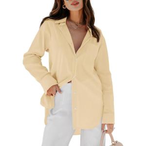 imagesiliteelon Womens Button Down Shirts Dress Shirts Long Sleeve Blouses V Neck Solid Casual Tunics Tops with PocketsYellow