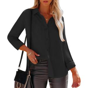 imagesiliteelon Womens Button Down Shirts Dress Shirts Long Sleeve Wrinkle Free Collared Work Office Solid Blouses TopsAll Black
