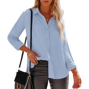 imagesiliteelon Womens Button Down Shirts Dress Shirts Long Sleeve Wrinkle Free Collared Work Office Solid Blouses TopsBe Light Blue