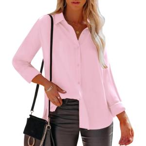 imagesiliteelon Womens Button Down Shirts Dress Shirts Long Sleeve Wrinkle Free Collared Work Office Solid Blouses TopsBf Light Pink