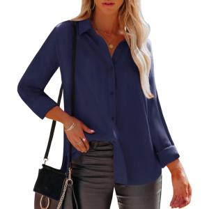imagesiliteelon Womens Button Down Shirts Dress Shirts Long Sleeve Wrinkle Free Collared Work Office Solid Blouses TopsBg Navy Blue