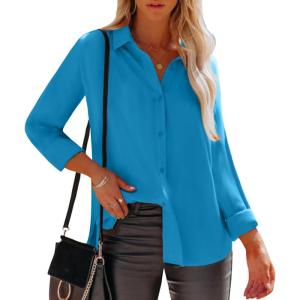 imagesiliteelon Womens Button Down Shirts Dress Shirts Long Sleeve Wrinkle Free Collared Work Office Solid Blouses TopsBright Blue
