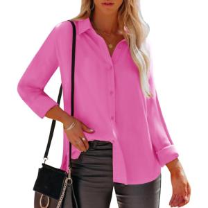 imagesiliteelon Womens Button Down Shirts Dress Shirts Long Sleeve Wrinkle Free Collared Work Office Solid Blouses TopsC Hot Pink