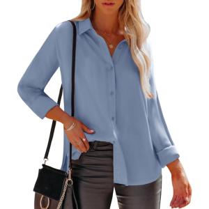 imagesiliteelon Womens Button Down Shirts Dress Shirts Long Sleeve Wrinkle Free Collared Work Office Solid Blouses TopsDusty Blue