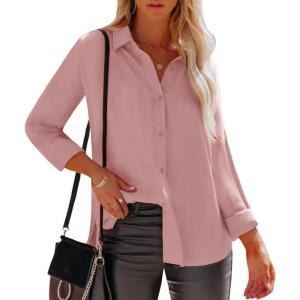 imagesiliteelon Womens Button Down Shirts Dress Shirts Long Sleeve Wrinkle Free Collared Work Office Solid Blouses TopsG Pink