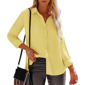imagesiliteelon Womens Button Down Shirts Dress Shirts Long Sleeve Wrinkle Free Collared Work Office Solid Blouses TopsH Yellow