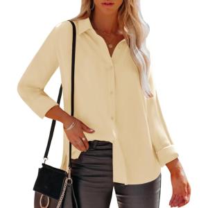 imagesiliteelon Womens Button Down Shirts Dress Shirts Long Sleeve Wrinkle Free Collared Work Office Solid Blouses TopsK Beige