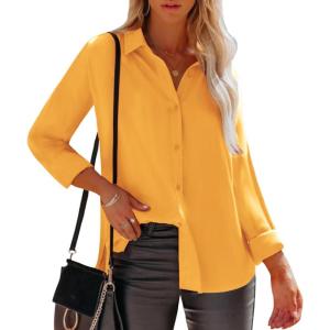 imagesiliteelon Womens Button Down Shirts Dress Shirts Long Sleeve Wrinkle Free Collared Work Office Solid Blouses TopsSunflower Yellow