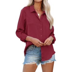 imagesiliteelon Womens Button Down Shirts Solid Dress Shirts Long Sleeve Flowy Collared Work Office Business Blouses Chiffon TopsBa Wine Red