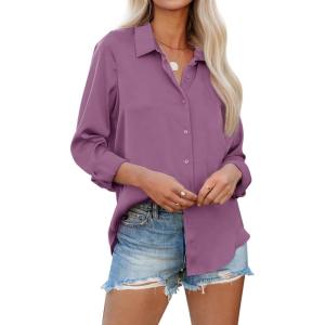 imagesiliteelon Womens Button Down Shirts Solid Dress Shirts Long Sleeve Flowy Collared Work Office Business Blouses Chiffon TopsBlackcurrant Purple