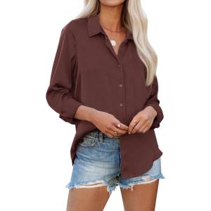 imagesiliteelon Womens Button Down Shirts Solid Dress Shirts Long Sleeve Flowy Collared Work Office Business Blouses Chiffon TopsBrown