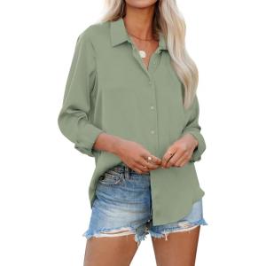 imagesiliteelon Womens Button Down Shirts Solid Dress Shirts Long Sleeve Flowy Collared Work Office Business Blouses Chiffon TopsC Olive Green