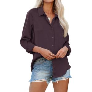 imagesiliteelon Womens Button Down Shirts Solid Dress Shirts Long Sleeve Flowy Collared Work Office Business Blouses Chiffon TopsDark Purple