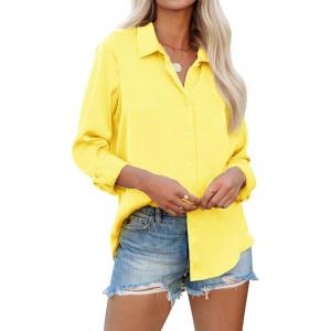 imagesiliteelon Womens Button Down Shirts Solid Dress Shirts Long Sleeve Flowy Collared Work Office Business Blouses Chiffon TopsYellow