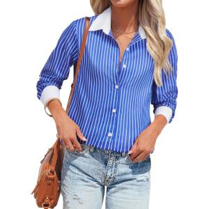 imagesiliteelon Womens Cotton Button Down Shirts Striped Dress Shirts Pinstripes Long Sleeve Collared Blouses Colorblock TopsA Blue Striped