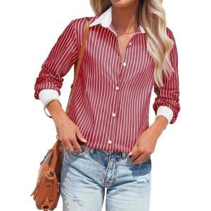 imagesiliteelon Womens Cotton Button Down Shirts Striped Dress Shirts Pinstripes Long Sleeve Collared Blouses Colorblock TopsAll Wine Red Striped