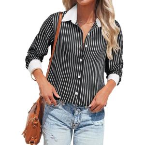 imagesiliteelon Womens Cotton Button Down Shirts Striped Dress Shirts Pinstripes Long Sleeve Collared Blouses Colorblock TopsB Black Striped