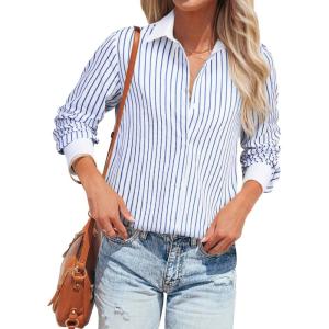 imagesiliteelon Womens Cotton Button Down Shirts Striped Dress Shirts Pinstripes Long Sleeve Collared Blouses Colorblock TopsB Blue and White