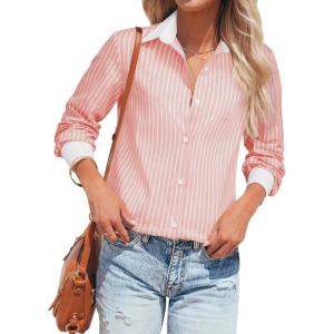 imagesiliteelon Womens Cotton Button Down Shirts Striped Dress Shirts Pinstripes Long Sleeve Collared Blouses Colorblock TopsB Light Pink Striped