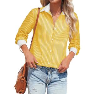 imagesiliteelon Womens Cotton Button Down Shirts Striped Dress Shirts Pinstripes Long Sleeve Collared Blouses Colorblock TopsB Yellow Striped