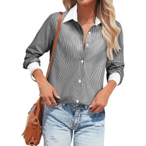imagesiliteelon Womens Cotton Button Down Shirts Striped Dress Shirts Pinstripes Long Sleeve Collared Blouses Colorblock TopsBlack and White
