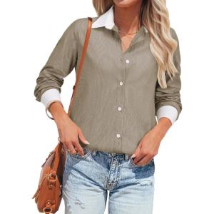imagesiliteelon Womens Cotton Button Down Shirts Striped Dress Shirts Pinstripes Long Sleeve Collared Blouses Colorblock TopsBrown Pinstripe