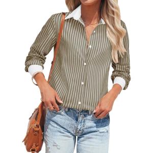 imagesiliteelon Womens Cotton Button Down Shirts Striped Dress Shirts Pinstripes Long Sleeve Collared Blouses Colorblock TopsBrown White Striped