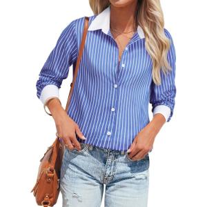 imagesiliteelon Womens Cotton Button Down Shirts Striped Dress Shirts Pinstripes Long Sleeve Collared Blouses Colorblock TopsDeep Blue Striped