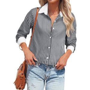 imagesiliteelon Womens Cotton Button Down Shirts Striped Dress Shirts Pinstripes Long Sleeve Collared Blouses Colorblock TopsDeep Gray Striped