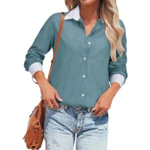 imagesiliteelon Womens Cotton Button Down Shirts Striped Dress Shirts Pinstripes Long Sleeve Collared Blouses Colorblock TopsGreen Pinstripe