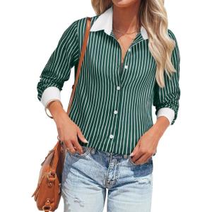 imagesiliteelon Womens Cotton Button Down Shirts Striped Dress Shirts Pinstripes Long Sleeve Collared Blouses Colorblock TopsGreen Striped