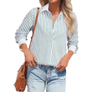 imagesiliteelon Womens Cotton Button Down Shirts Striped Dress Shirts Pinstripes Long Sleeve Collared Blouses Colorblock TopsGreen and White