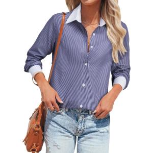 imagesiliteelon Womens Cotton Button Down Shirts Striped Dress Shirts Pinstripes Long Sleeve Collared Blouses Colorblock TopsNavy Blue Pinstripe