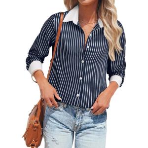 imagesiliteelon Womens Cotton Button Down Shirts Striped Dress Shirts Pinstripes Long Sleeve Collared Blouses Colorblock TopsNavy Blue Striped