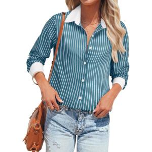 imagesiliteelon Womens Cotton Button Down Shirts Striped Dress Shirts Pinstripes Long Sleeve Collared Blouses Colorblock TopsPeacock Green Striped