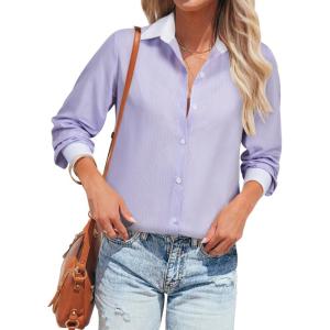 imagesiliteelon Womens Cotton Button Down Shirts Striped Dress Shirts Pinstripes Long Sleeve Collared Blouses Colorblock TopsPurple Pinstripe