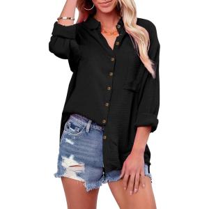 imagesiliteelon Womens Button Down Shirts Cotton Long Sleeve Oversized Boyfriend Blouses Collared Dress Tops with PocketsC Black