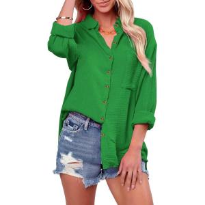 imagesiliteelon Womens Button Down Shirts Cotton Long Sleeve Oversized Boyfriend Blouses Collared Dress Tops with PocketsD Kelly Green