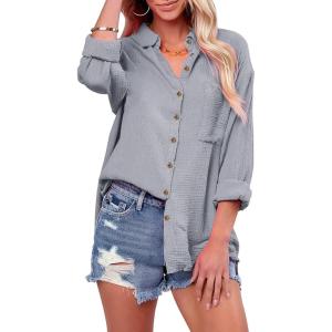 imagesiliteelon Womens Button Down Shirts Cotton Long Sleeve Oversized Boyfriend Blouses Collared Dress Tops with PocketsGray